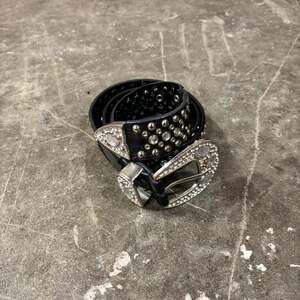 Vintage Y2K Black Rhinestone Studded Skater Belt, Grunge Punk Style, Large